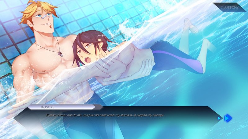 Deux personnages masculins anime enlacés près de l’eau.