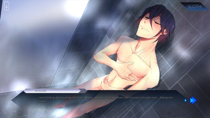 Personnage masculin torse nu dans un intérieur vaporeux.