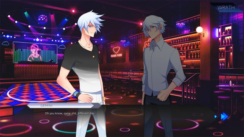 Deux personnages masculins discutant dans un bar éclairé aux néons.