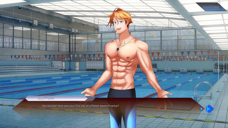 Personnage masculin torse nu près d’une piscine ensoleillée.
