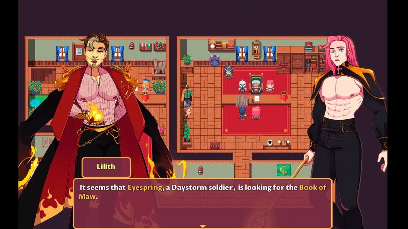 Deux personnages discutant dans une taverne fantastique avec dialogue superposé.