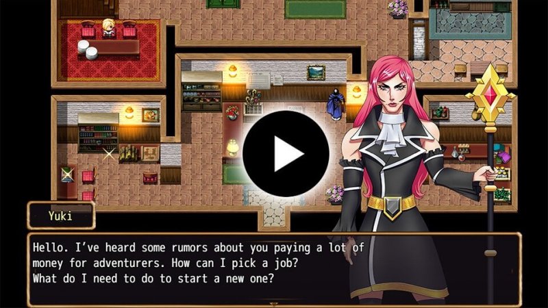 Intérieur de RPG vu du dessus avec portrait et dialogue narratif.